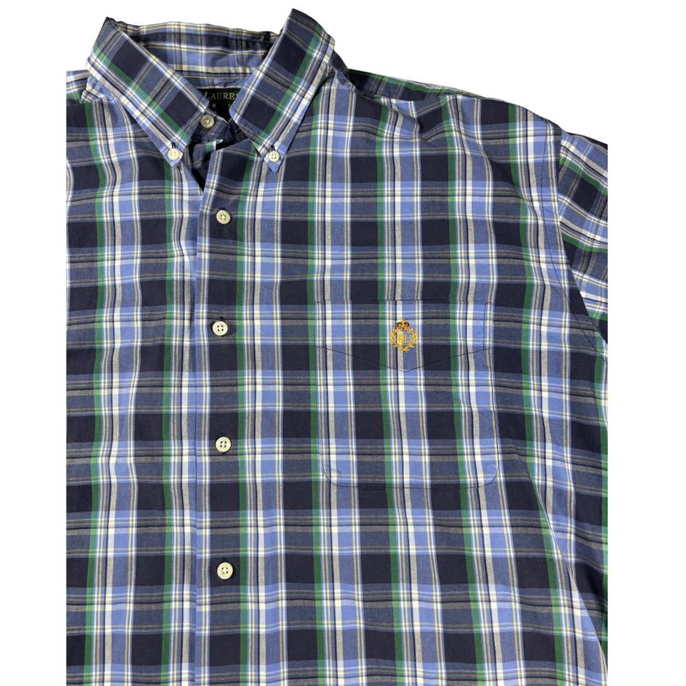 Lauren Ralph Lauren Mens XL Blue Green Plaid Short Sleeve Crest Button Down